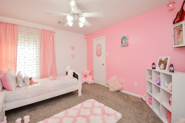 bedroom featuring ceiling fan and carpet flooring