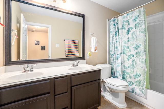 full bathroom with vanity, toilet, tile patterned flooring, and shower / tub combo with curtain