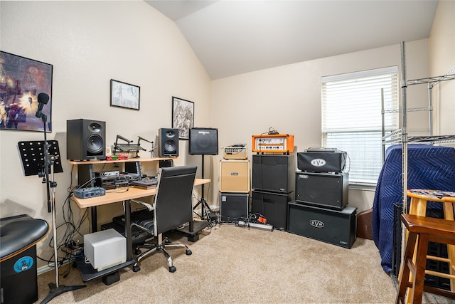 office with vaulted ceiling and carpet floors