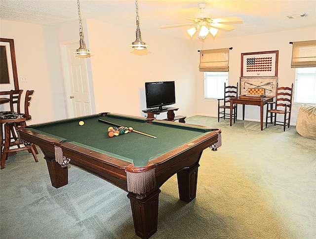 recreation room featuring carpet flooring, billiards, and a healthy amount of sunlight