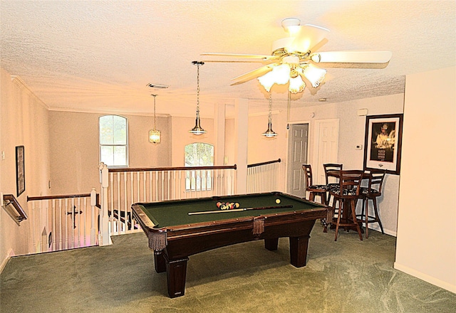 game room with carpet flooring, a textured ceiling, ceiling fan, and billiards