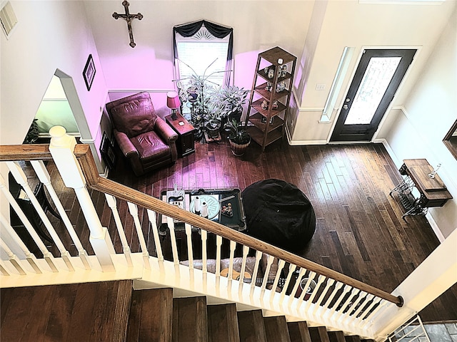 entryway with a towering ceiling and wood-type flooring