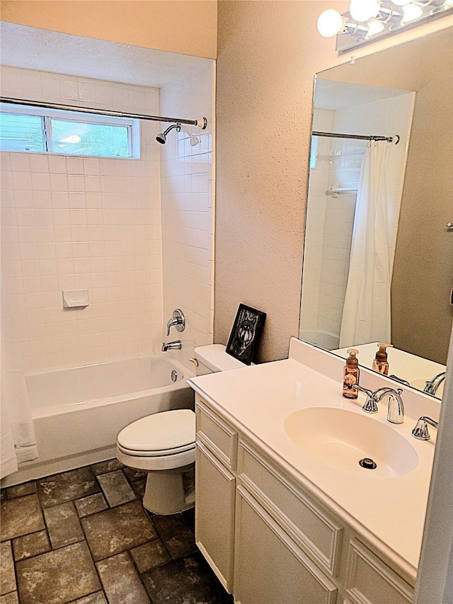 full bath with vanity, toilet, brick floor, and shower / tub combo