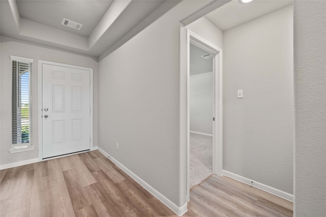 foyer with light hardwood / wood-style floors and a raised ceiling