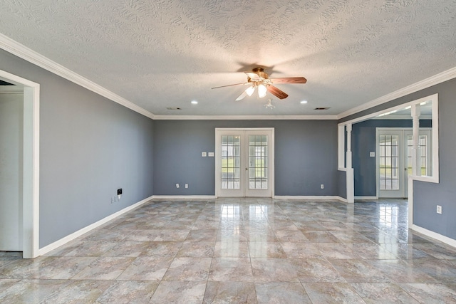 spare room with french doors, a textured ceiling, ceiling fan, and crown molding