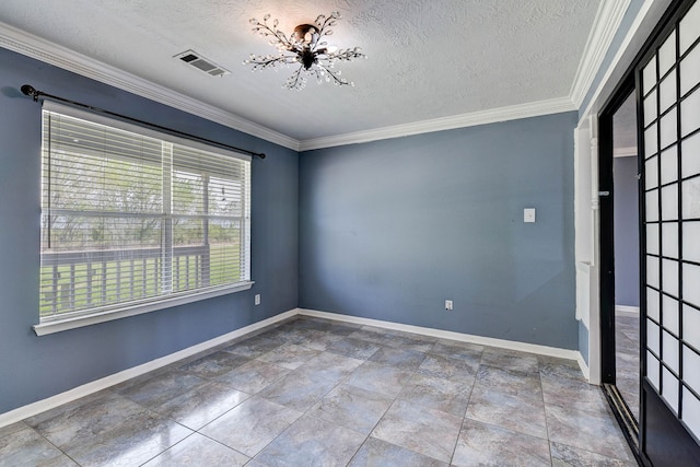 spare room with a chandelier, crown molding, a textured ceiling, and a healthy amount of sunlight