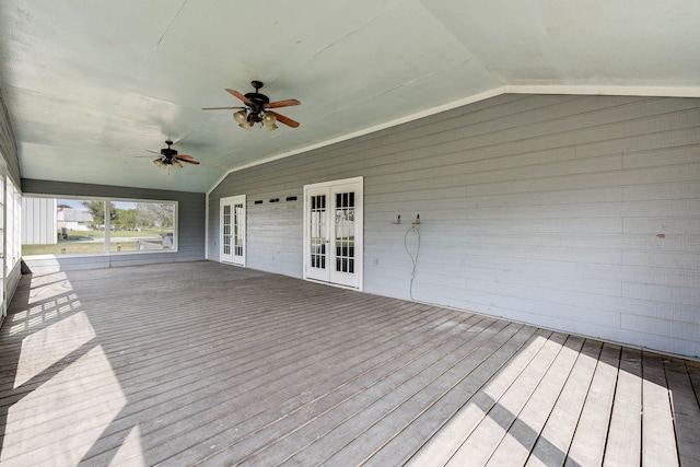 wooden terrace with french doors and ceiling fan