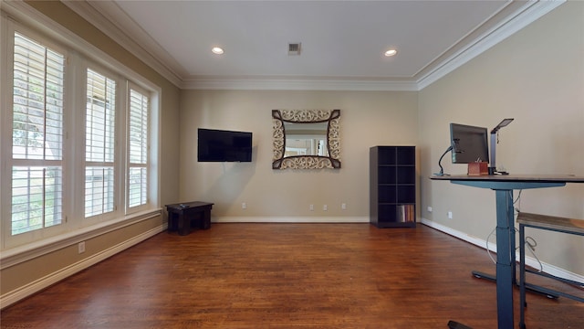 office featuring crown molding and dark hardwood / wood-style flooring