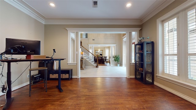 office area with crown molding and dark hardwood / wood-style floors