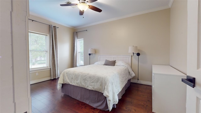 bedroom featuring ceiling fan, crown molding, and dark hardwood / wood-style flooring