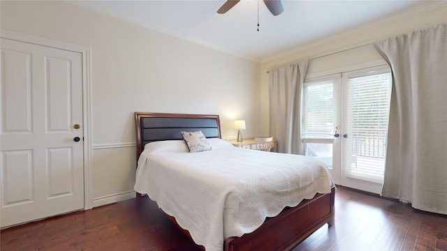 bedroom featuring crown molding, access to exterior, ceiling fan, and dark hardwood / wood-style flooring