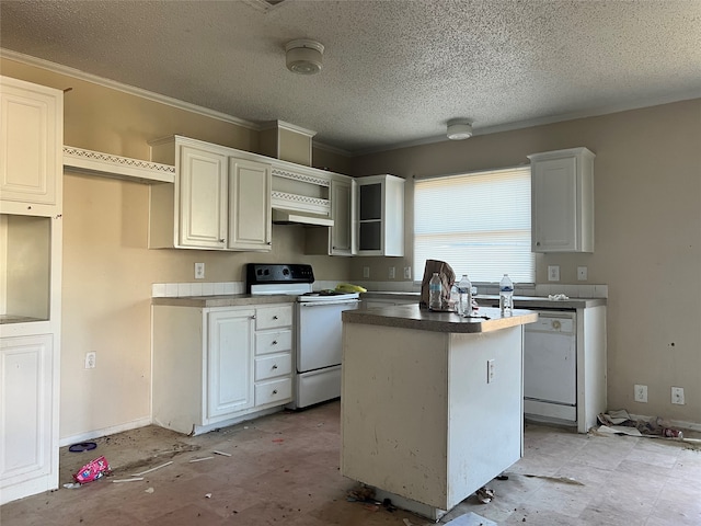 kitchen featuring crown molding, a center island, white cabinetry, a textured ceiling, and white appliances