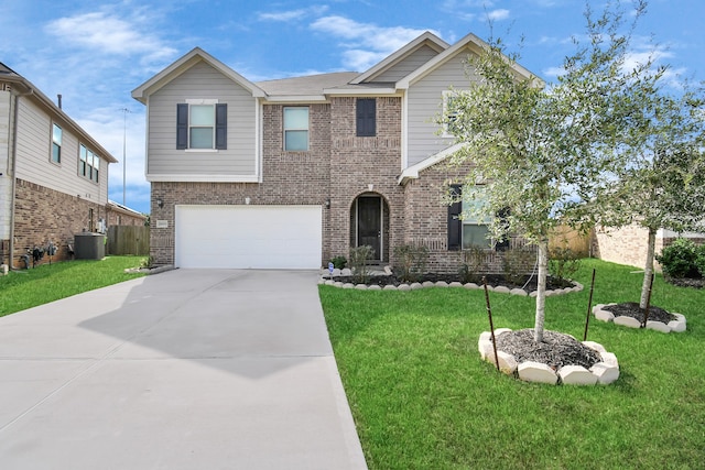 view of front facade featuring concrete driveway, brick siding, central AC unit, and a front yard