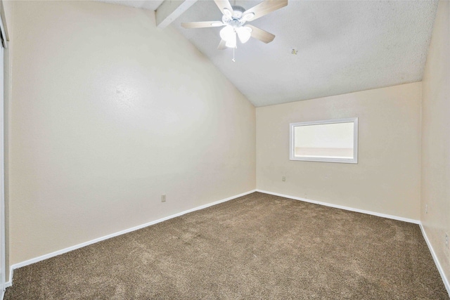 carpeted empty room featuring vaulted ceiling with beams, a textured ceiling, and ceiling fan