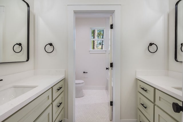 bathroom featuring vanity, toilet, and tile patterned floors