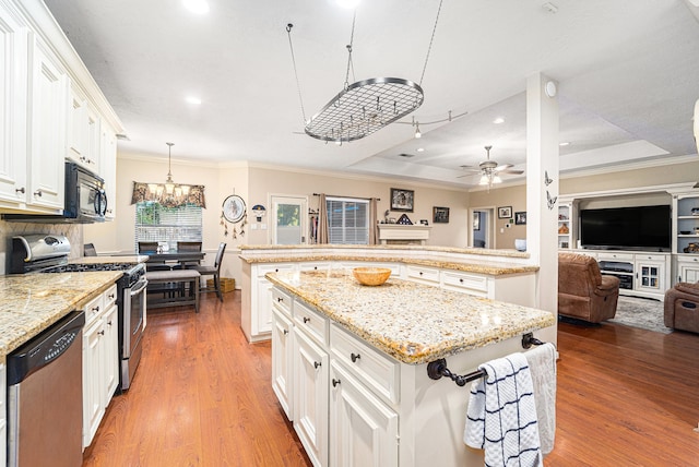 kitchen with appliances with stainless steel finishes, a tray ceiling, white cabinetry, and wood-type flooring