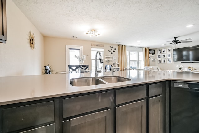 kitchen featuring a wealth of natural light, black dishwasher, sink, and a textured ceiling