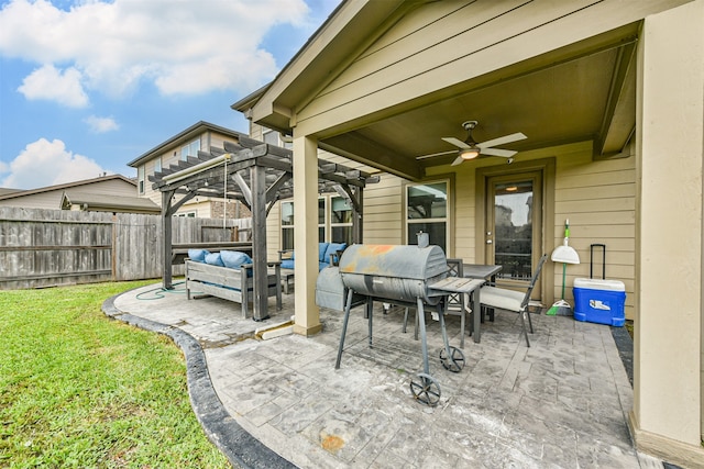 view of patio / terrace with a pergola, ceiling fan, and an outdoor hangout area