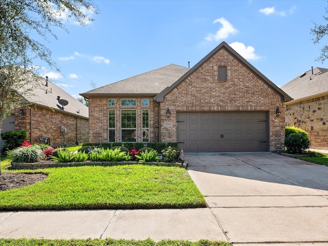 view of property featuring a garage and a front yard