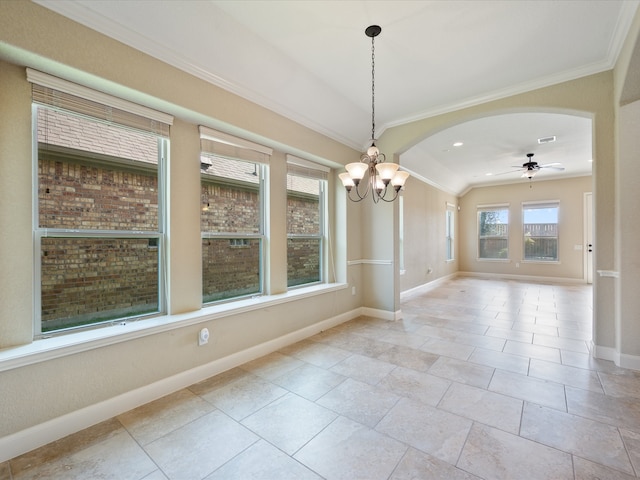 unfurnished dining area with ornamental molding and ceiling fan with notable chandelier