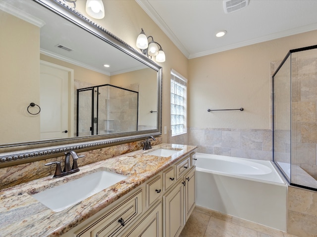 bathroom featuring vanity, tile patterned floors, shower with separate bathtub, and ornamental molding