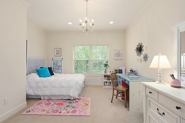 bedroom featuring crown molding, a notable chandelier, and light colored carpet