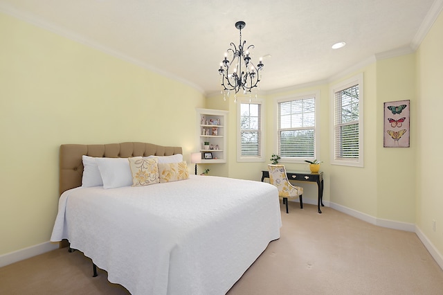 bedroom featuring ornamental molding, a notable chandelier, and light colored carpet