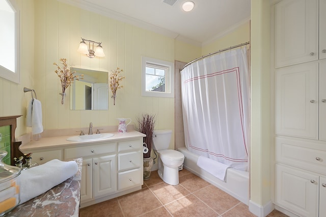 full bathroom featuring shower / bath combination with curtain, toilet, ornamental molding, vanity, and tile patterned flooring