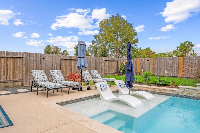 view of pool featuring a hot tub and a patio area