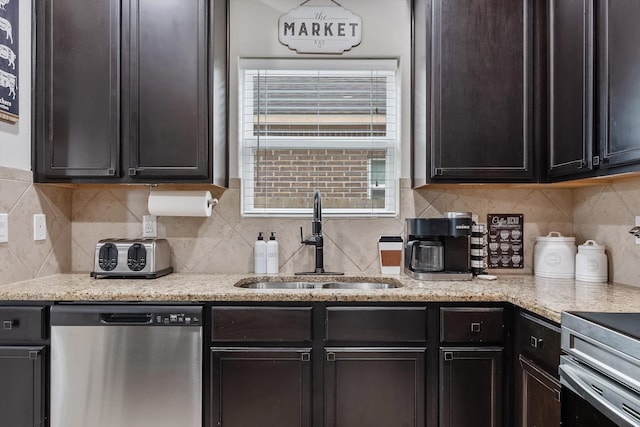 kitchen featuring sink, dark brown cabinetry, stainless steel appliances, and backsplash