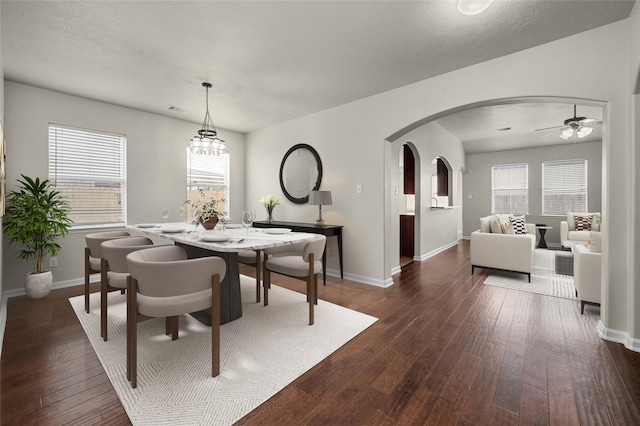 dining space featuring dark hardwood / wood-style floors, plenty of natural light, and a textured ceiling