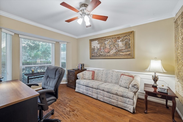 office with ceiling fan, crown molding, and hardwood / wood-style floors