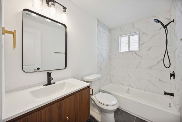 full bathroom with vanity, tiled shower / bath, toilet, and tile patterned flooring