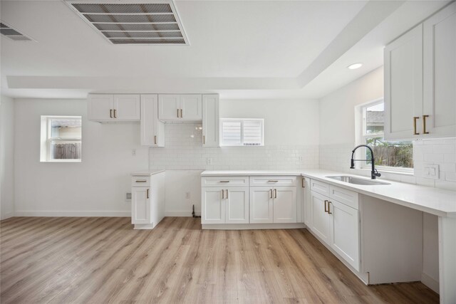 kitchen with white cabinetry, light hardwood / wood-style flooring, decorative backsplash, and sink