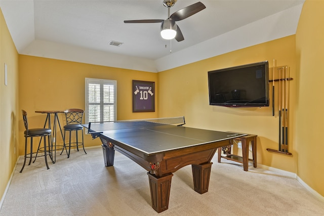 game room featuring ceiling fan, light colored carpet, and lofted ceiling