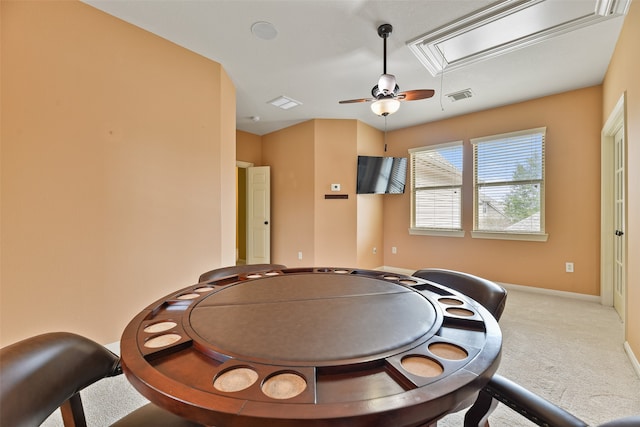 recreation room featuring carpet floors and ceiling fan