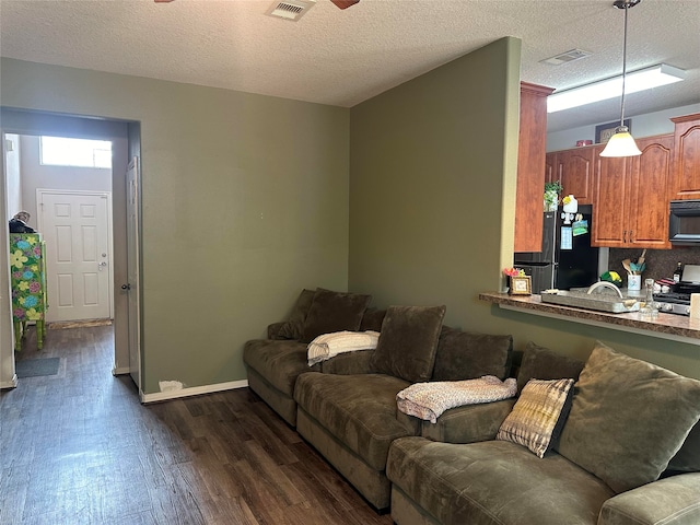 living room featuring a textured ceiling and dark wood-type flooring