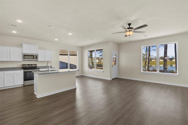 kitchen with white cabinets, appliances with stainless steel finishes, dark hardwood / wood-style flooring, and an island with sink