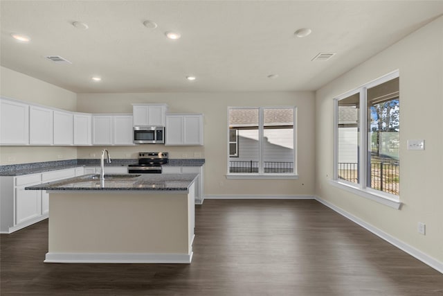 kitchen with white cabinetry, sink, an island with sink, and stainless steel appliances