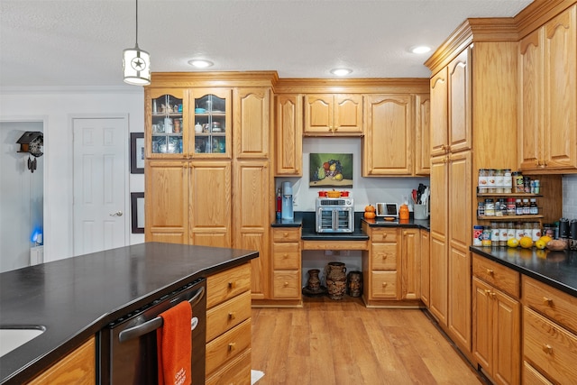 kitchen featuring ornamental molding, decorative light fixtures, a textured ceiling, light hardwood / wood-style floors, and stainless steel dishwasher