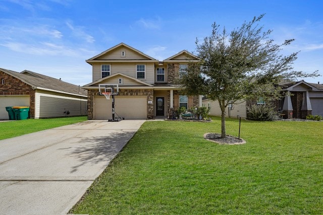 craftsman inspired home featuring a front lawn and a garage