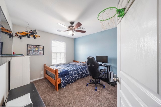 bedroom featuring ceiling fan and carpet floors