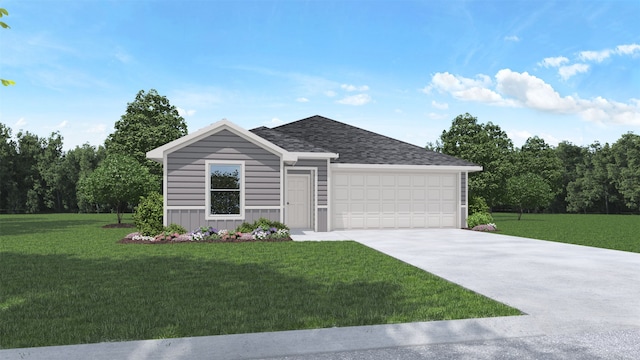 ranch-style home featuring a front yard and a garage