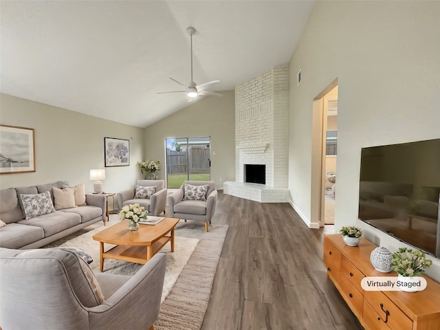 living room with a fireplace, ceiling fan, high vaulted ceiling, and dark hardwood / wood-style flooring