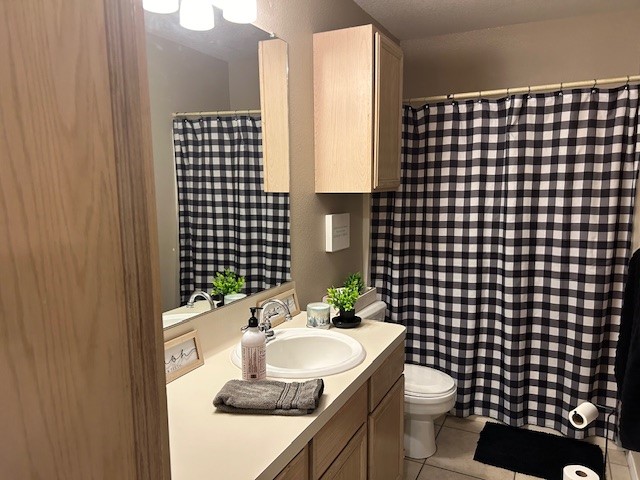 bathroom featuring vanity, toilet, and tile patterned flooring