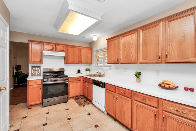 kitchen with sink, dishwasher, light tile patterned floors, and stainless steel range with gas stovetop