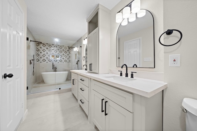 full bathroom featuring vanity, plus walk in shower, toilet, and tile patterned flooring