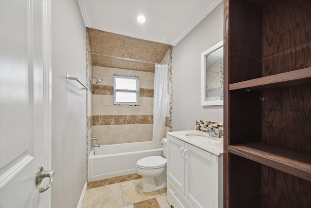 full bathroom with shower / bath combo, toilet, vanity, crown molding, and tile patterned flooring