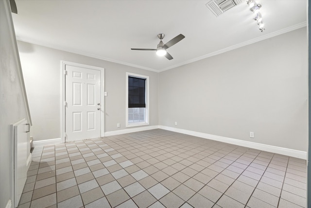 unfurnished room with ceiling fan, ornamental molding, and light tile patterned floors