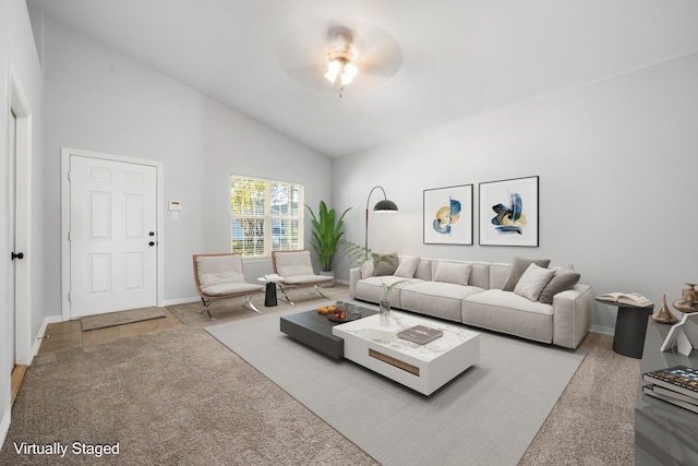 living room with carpet, high vaulted ceiling, and ceiling fan